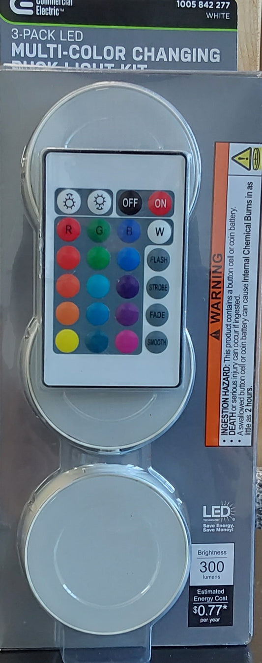 Commercial Electric 3-Pack Multi-Color Changing Puck Light kit with Remote