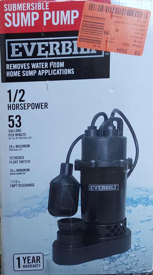 EVERBILT  SUMP PUMP 1/2 HORSEPOWER 53 gallons per minute