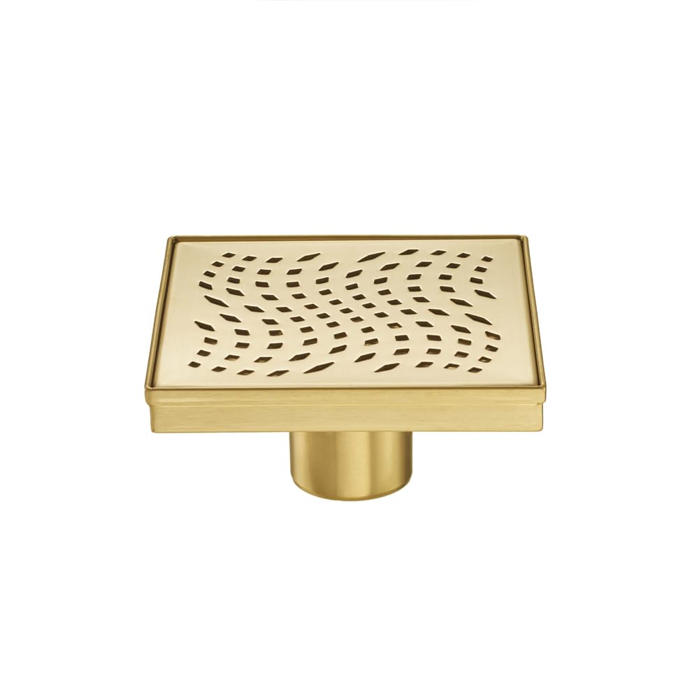4 in. Square Stainless Steel Shower Drain - Wave Pattern in Zirconium Gold Plating