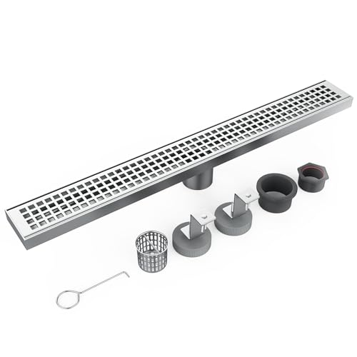 Linear Shower Drain with Removable Quadrato Pattern Grate, Brushed 304 Stainless Steel Rectangle Shower Floor Drain, Linear Drain with Leveling Feet,Hair Strainer