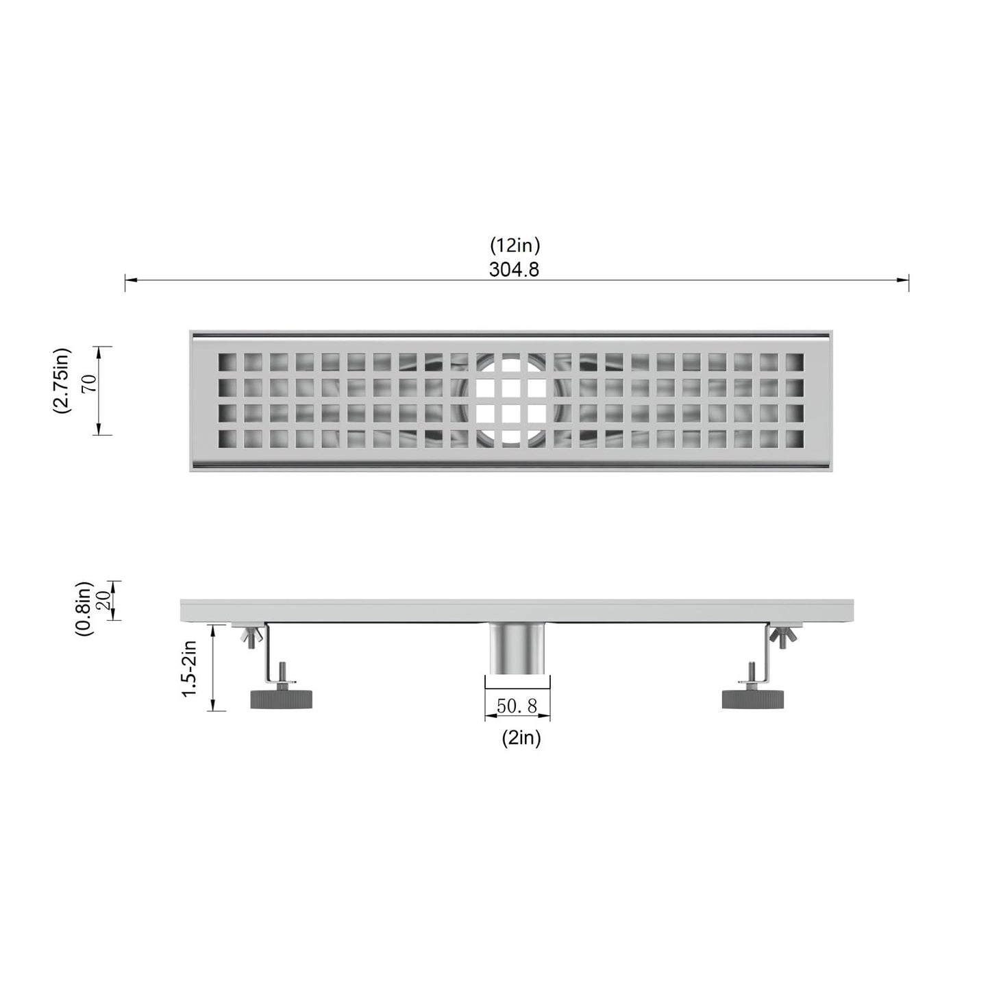 Linear Shower Drain with Removable Quadrato Pattern Grate, Brushed 304 Stainless Steel Rectangle Shower Floor Drain, Linear Drain with Leveling Feet,Hair Strainer