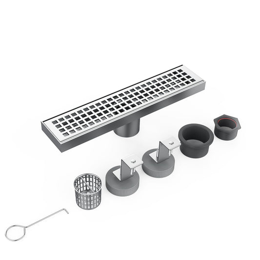 Linear Shower Drain with Removable Quadrato Pattern Grate, Brushed 304 Stainless Steel Rectangle Shower Floor Drain, Linear Drain with Leveling Feet,Hair Strainer