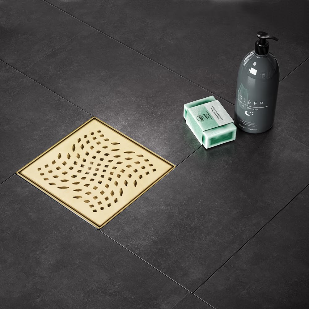 4 in. Square Stainless Steel Shower Drain - Wave Pattern in Zirconium Gold Plating