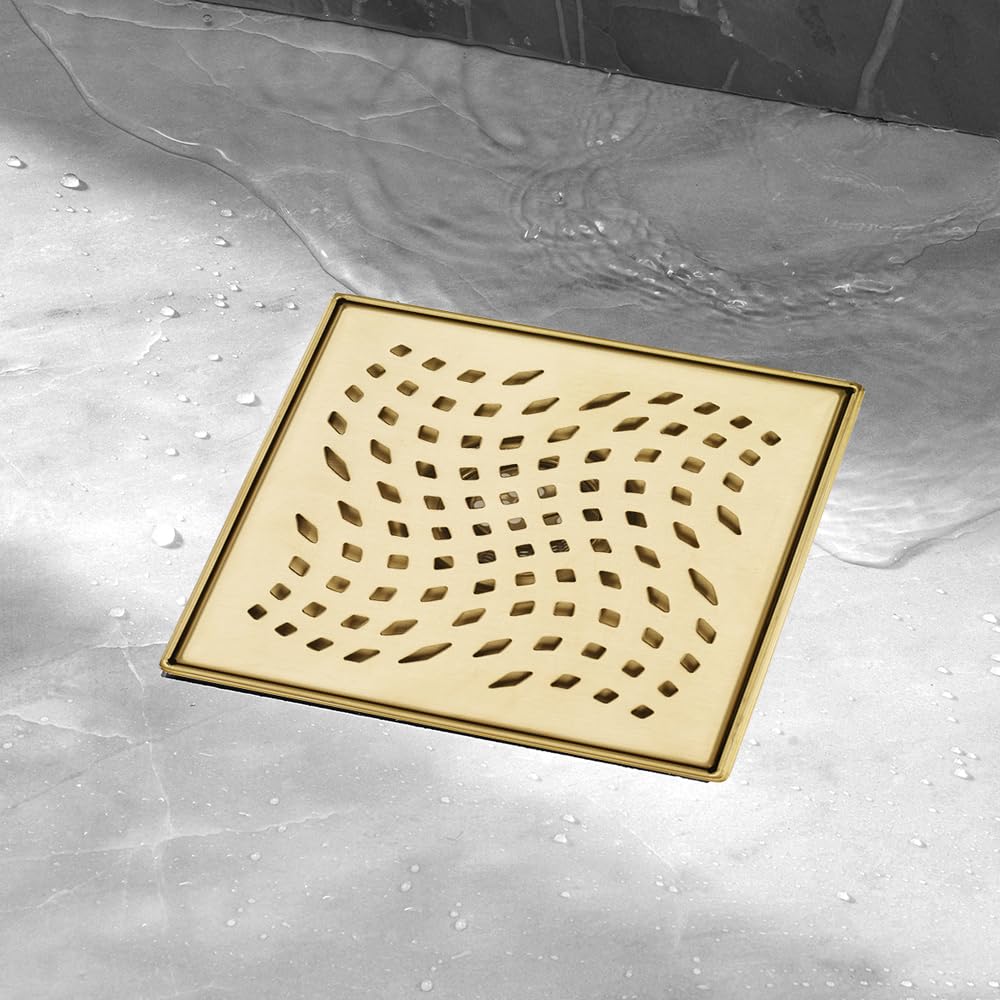 4 in. Square Stainless Steel Shower Drain - Wave Pattern in Zirconium Gold Plating