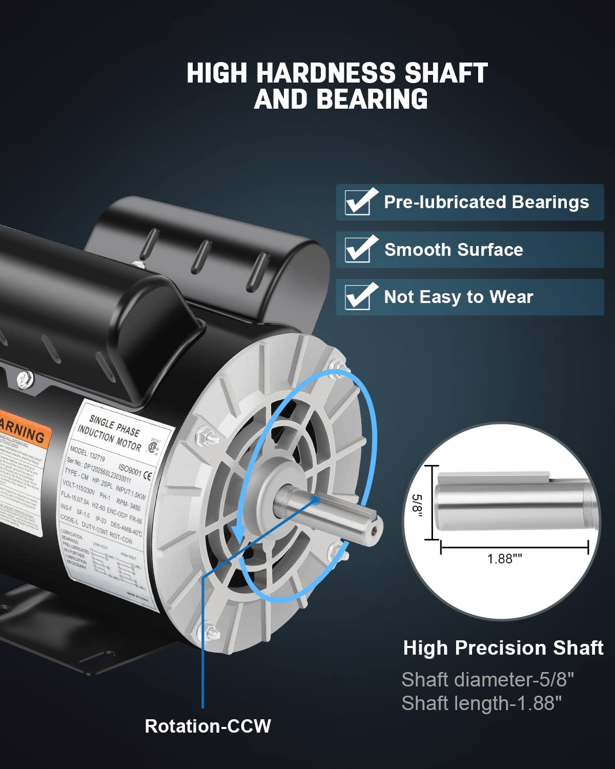 Air Compressor Electric Motor, 2HP SPL 3450 RPM, 115/230V Single Phase, 56 Frame 5/8 Keyed Shaft 60 Hz, Commercial-Duty CCW Rotation, 1.88 Shaft Length for Air Compressors