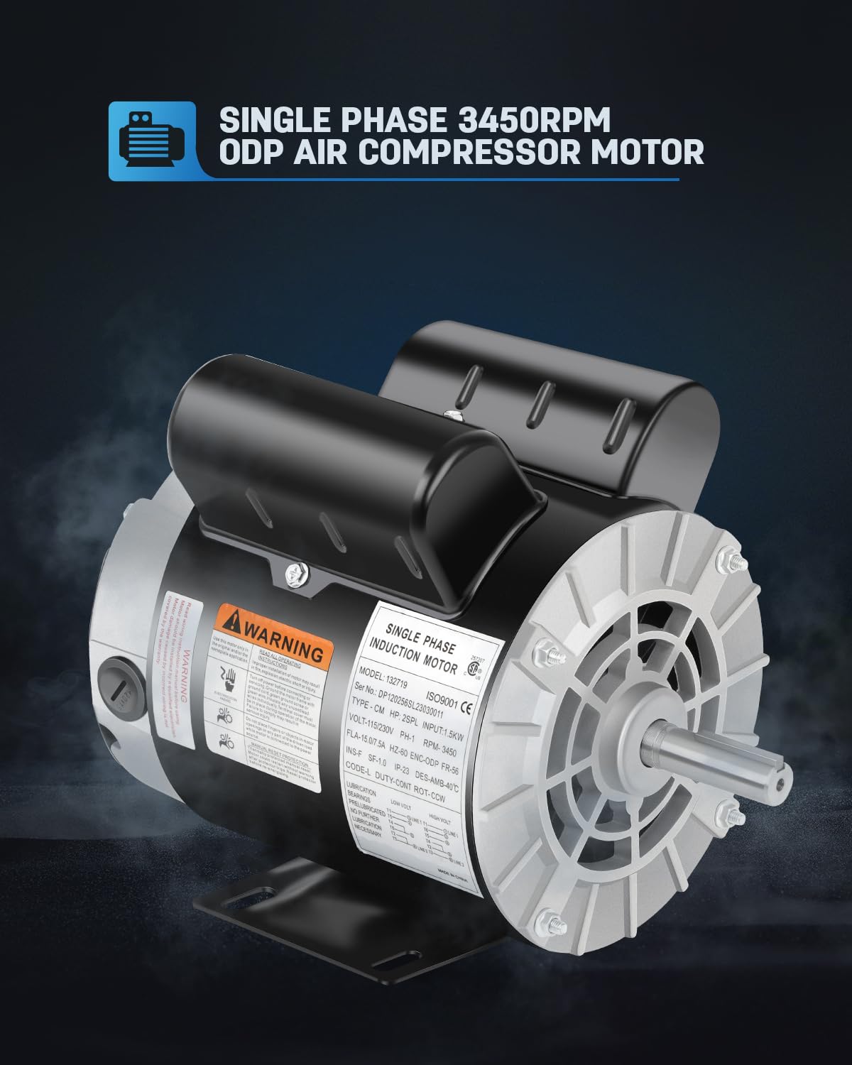 Air Compressor Electric Motor, 2HP SPL 3450 RPM, 115/230V Single Phase, 56 Frame 5/8 Keyed Shaft 60 Hz, Commercial-Duty CCW Rotation, 1.88 Shaft Length for Air Compressors