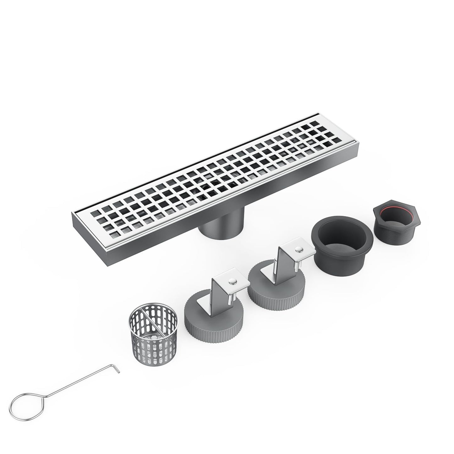 IDEALHOUSE 2024 New Linear Shower Drain, Brushed Nickel Shower Floor Drain, High Flow Shower Drain Kit with Removable Grid Cover, Hair Filter, Food-Grade SUS 304 Stainless Steel