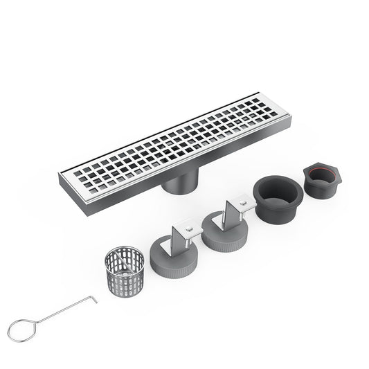 IDEALHOUSE 2024 New Linear Shower Drain, Brushed Nickel Shower Floor Drain, High Flow Shower Drain Kit with Removable Grid Cover, Hair Filter, Food-Grade SUS 304 Stainless Steel