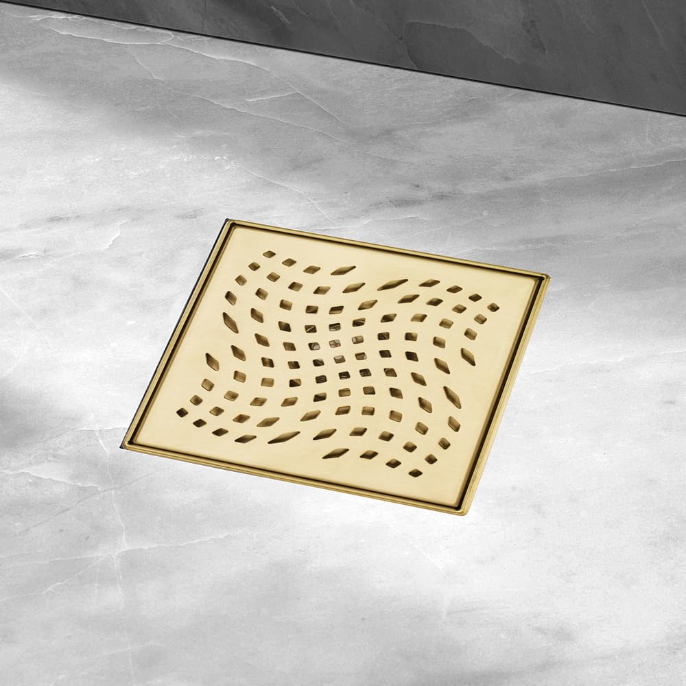 4 in. Square Stainless Steel Shower Drain - Wave Pattern in Zirconium Gold Plating
