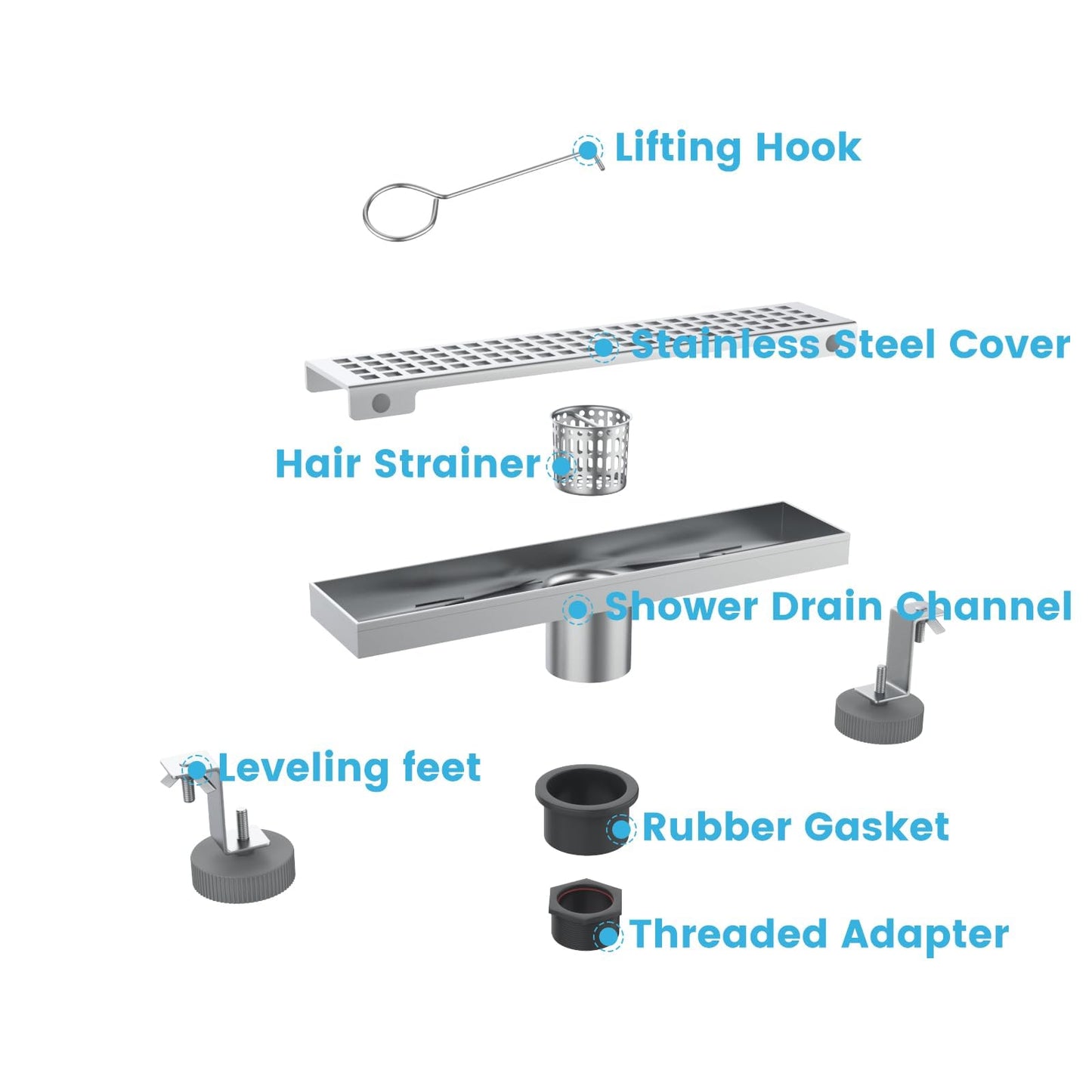 IDEALHOUSE 2024 New Linear Shower Drain, Brushed Nickel Shower Floor Drain, High Flow Shower Drain Kit with Removable Grid Cover, Hair Filter, Food-Grade SUS 304 Stainless Steel