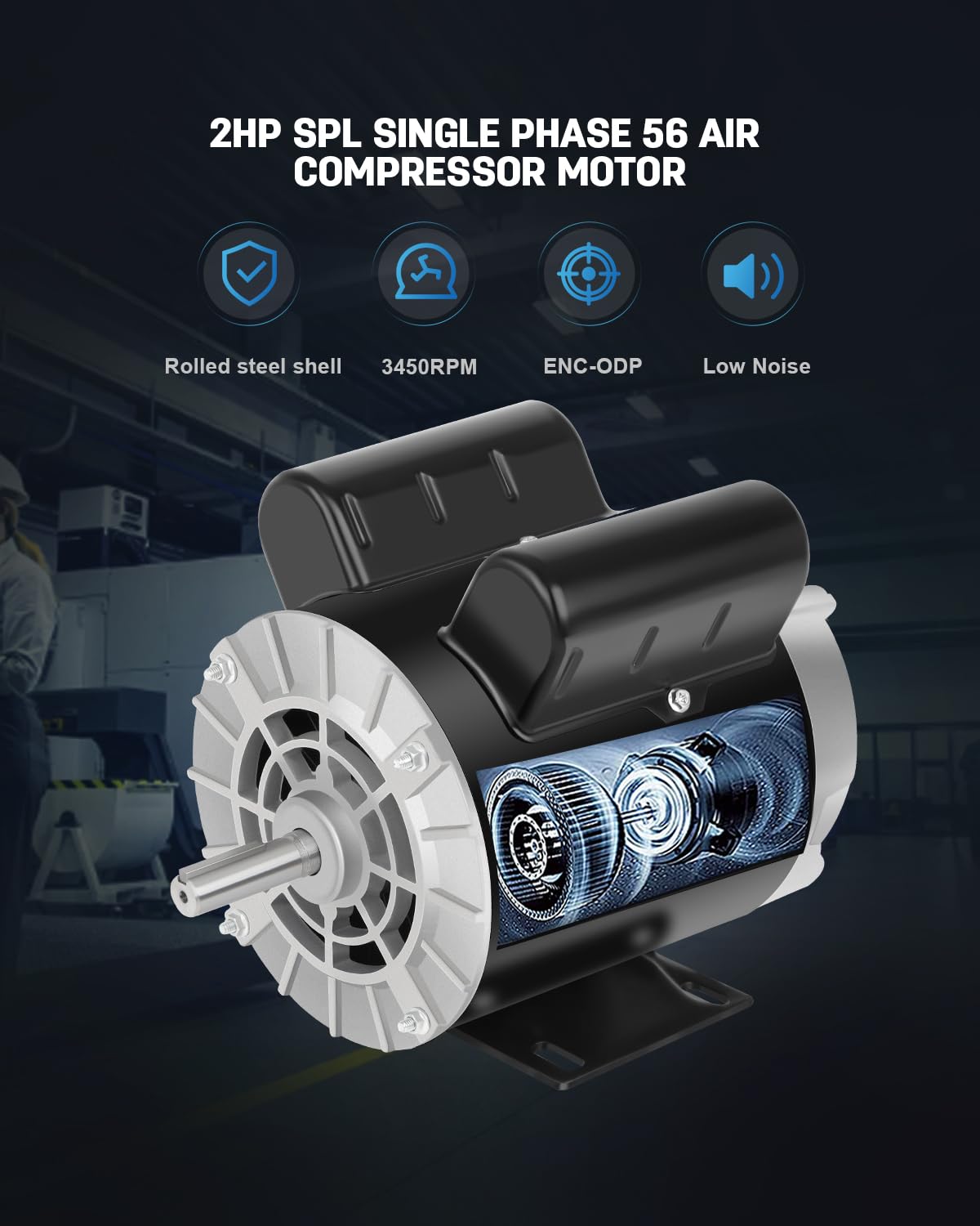 Air Compressor Electric Motor, 2HP SPL 3450 RPM, 115/230V Single Phase, 56 Frame 5/8 Keyed Shaft 60 Hz, Commercial-Duty CCW Rotation, 1.88 Shaft Length for Air Compressors