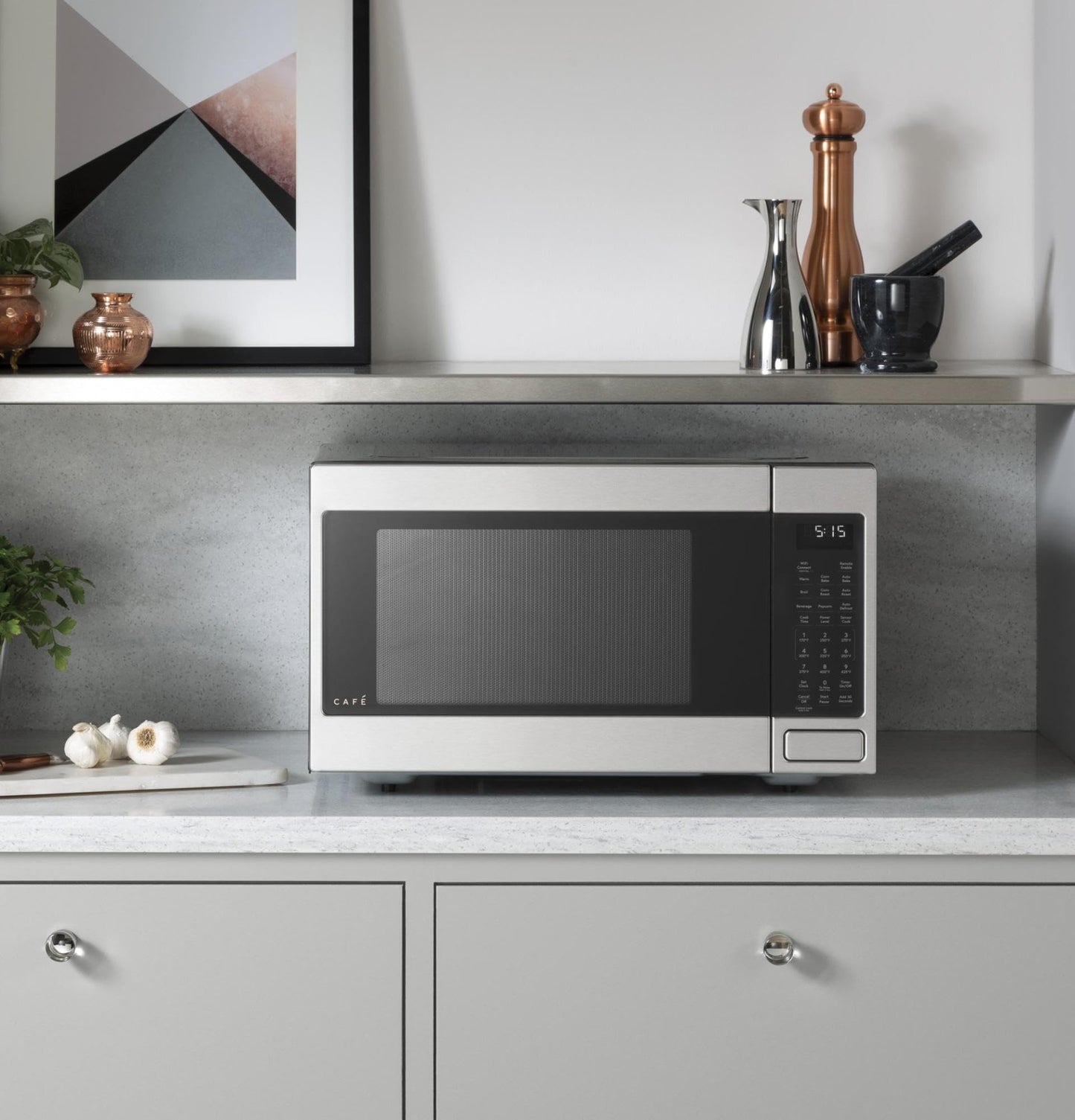 Cafe CEB515P2NSS Matte Collection Countertop Microwave Oven with 1.5 cu. ft. Capacity Convection 1000 Watts 10 Power Levels in Stainless Steel