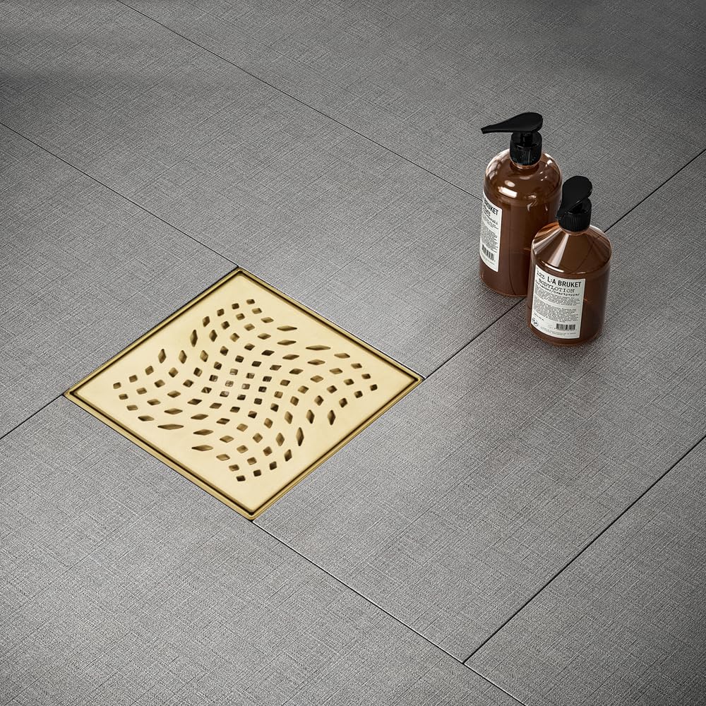 4 in. Square Stainless Steel Shower Drain - Wave Pattern in Zirconium Gold Plating